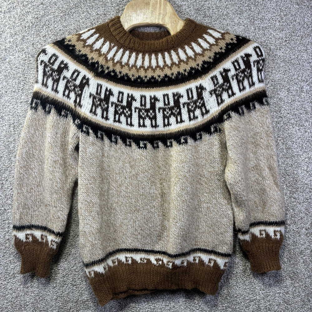 Lucy Iburg Sweater Womens Large Beige‎ Alpaca Llama Fair Isle Knit Pullover Peru